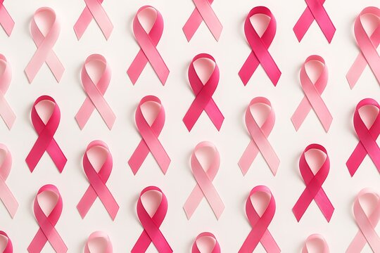 A repeating pattern of pink breast cancer awareness ribbons on a light background