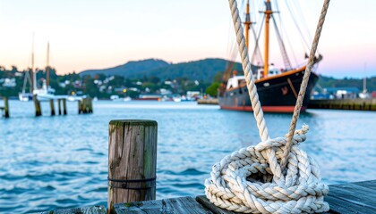 Obraz premium A close-up view of a coiled mooring rope tied to a wooden dock post, with a sailing ship in the background of a tranquil harbor scene.