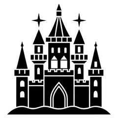 Obraz premium Majestic Castle Silhouette with Towers and Stars Fantasy Architecture Icon Fairytale Kingdom Landmark Symbol Black and White Illustration