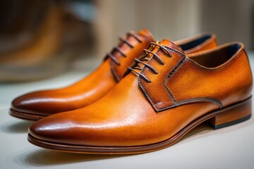 Sophisticated brown leather men's dress shoes with stylish blue stitching.