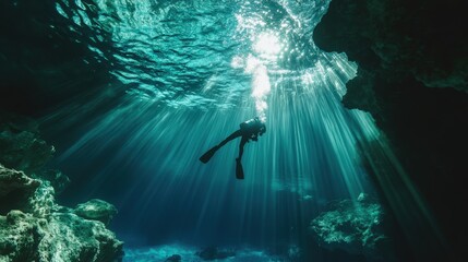 Obraz premium Sunlight streams through underwater cave, illuminating scuba diver.
