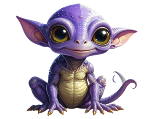  Chubby Purple Cartoon Alien Sitting with Curious Expression, Isolated Transparent Background PNG