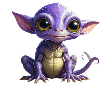  Chubby Purple Cartoon Alien Sitting with Curious Expression, Isolated Transparent Background PNG