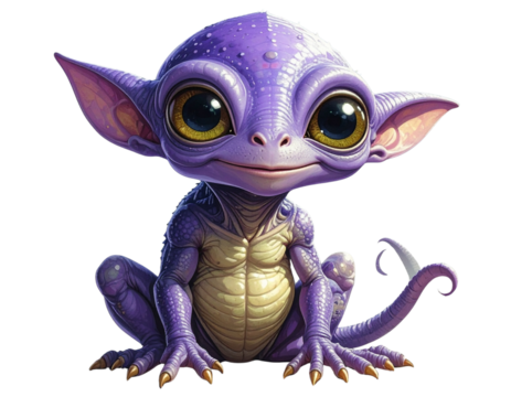  Chubby Purple Cartoon Alien Sitting with Curious Expression, Isolated Transparent Background PNG