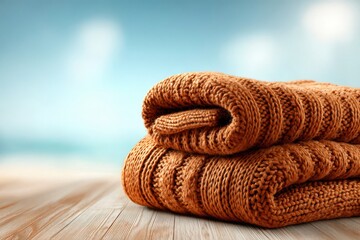 Warm knit sweaters stacked on a wooden table with a bright blue sky background, cozy comfort.