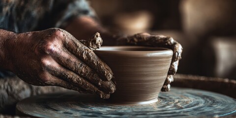 The artisan shaping a beautiful clay bowl on the pottery wheel.
