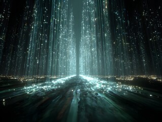 Binary data stream visualized as a luminous digital waterfall
