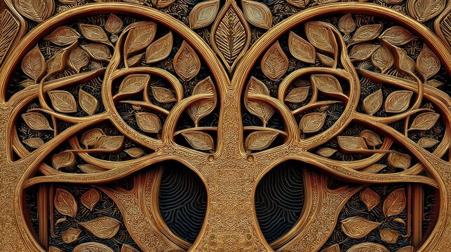 Intricate golden tree design with detailed leaves. - Powered by Adobe