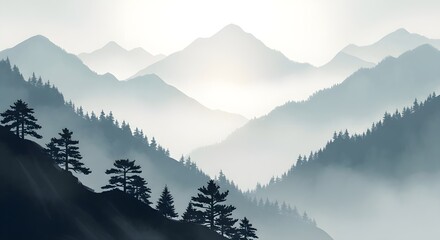 Misty Mountains and Serene Pine Forest Peaks, Evoking a Sense of Tranquility and Natural Beauty in a Vast, Atmospheric Landscape