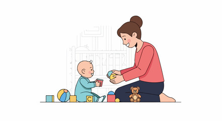 Mother and Baby Playing Together on the Floor with Toys.