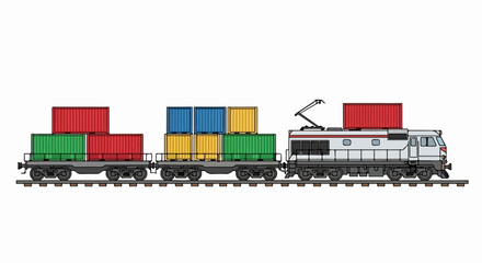 Obraz premium Freight train transporting colorful cargo containers on tracks.