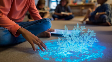 Students studying holographic coral reef projection.