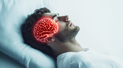 Sleep health icon floating beside a realistic maleâ€™s head while brain and chest glow red subtly on a white background. 