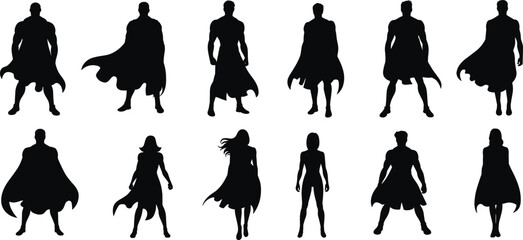 Superhero silhouettes in dynamic poses with capes, diverse heroic characters in action stances, black vector icons for comic design
