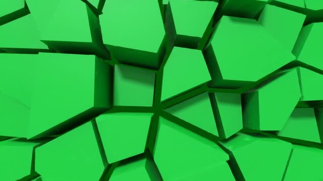 An abstract and vibrant green background features a complex network of dark, irregular lines creating a shattered or fractured geometric pattern, evoking a sense of brokenness and dynamic texture.