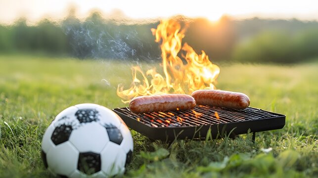 Grilling Sausages on a BBQ Outdoors with Soccer Ball