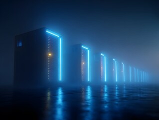 Futuristic servers glowing with blue energy in digital fog