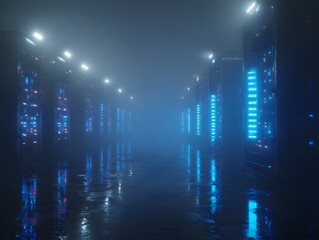 Futuristic servers glowing with blue energy in digital fog