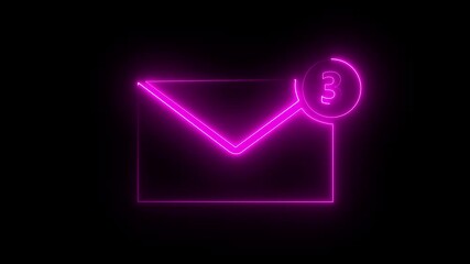 Abstract Glowing neon light massage icon animation coming 3 notification on black background. 4k video animation  - Powered by Adobe
