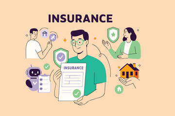 Vector illustration of cartoon business people working at the office desk with computers, money, and signs