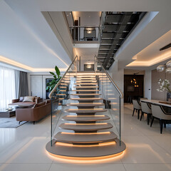 The text provides an overview of modern luxury home interior staircase design.