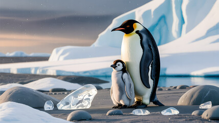 Fototapeta premium Brown Skua Feeding on Penguin Chick Near Elephant Island, Antarctica Harsh Wildlife Survival Scene 