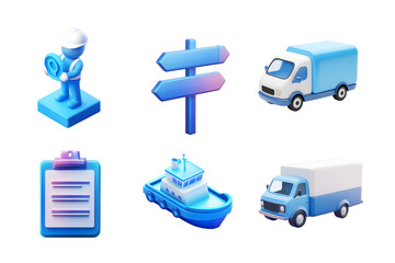 Digital transport icons including a worker, vehicles, and directional signs for logistics and shipping applications.