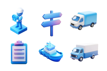 Digital transport icons including a worker, vehicles, and directional signs for logistics and shipping applications.