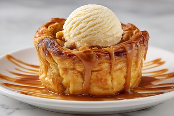 Delicious mini apple pie with ice cream and caramel sauce
