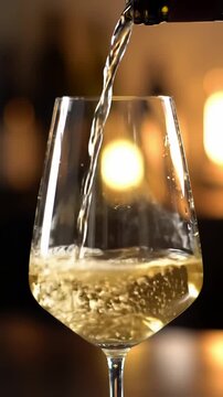 White wine pours smoothly into a tall crystal glass at celebration  