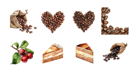 Delicious coffee-themed illustrations featuring beans, hearts, and desserts perfect for coffee lovers and culinary design.