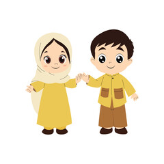 Flat Vector Illustration of Cute Muslim Kids Holding Hands