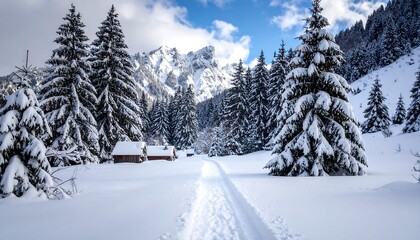 Fototapeta premium A snowy pathway winds through a winter wonderland, past rustic cabins nestled amongst snow-covered evergreen trees, leading to a majestic mountain backdrop under a bright blue sky.