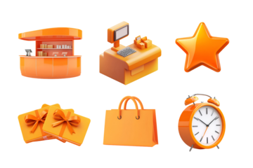 Colorful icons representing business themes including a shop, computer, gifts, and a clock in vibrant orange.