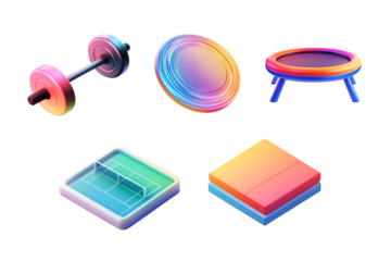 Colorful illustrations of fitness equipment and toys, perfect for promoting an active and playful lifestyle.