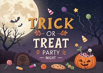 Spooky halloween trick or treat party night with full moon