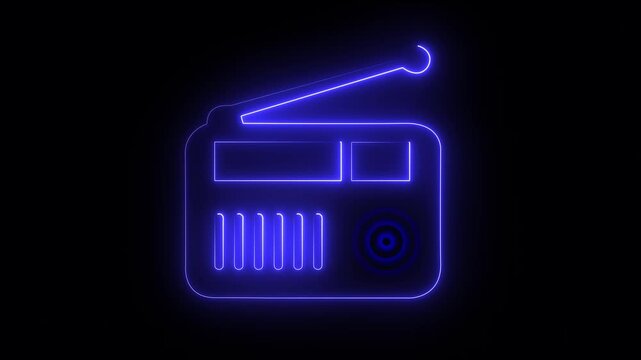 Neon radio icon animation. Tape recorder neon signboard icon concept. Glowing neon radio icon isolated on black background. HD Video motion graphic animation