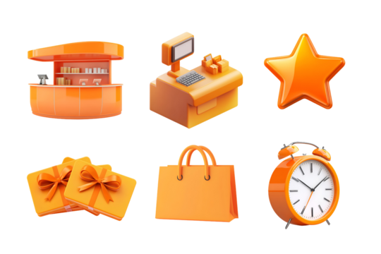 Colorful icons representing business themes including a shop, computer, gifts, and a clock in vibrant orange.
