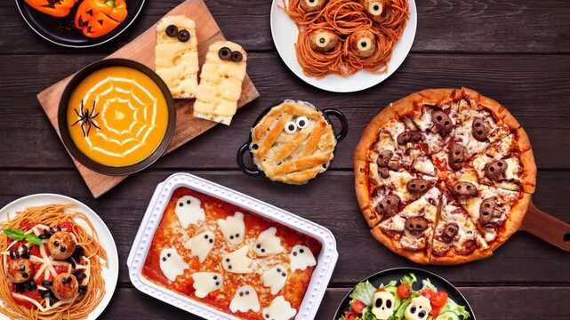 Spooky Halloween dinner party table setting stop motion video. Top view on a dark wood background. Skull pizza, salad, pasta, ghost lasagna, mummy pot pie, pumpkin soup, jack o lantern peppers.