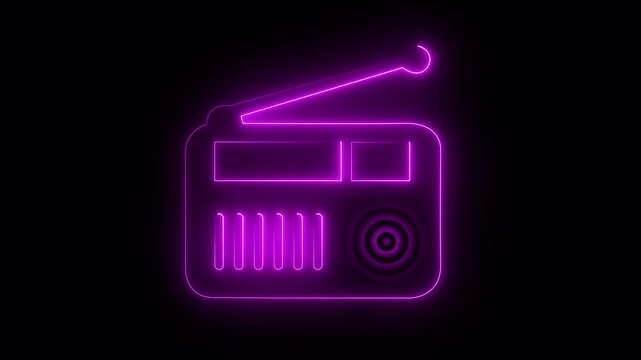 Neon radio icon animation. Tape recorder neon signboard icon concept. Glowing neon radio icon isolated on black background. HD Video motion graphic animation