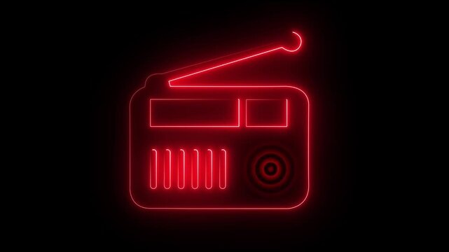 Neon radio icon animation. Tape recorder neon signboard icon concept. Glowing neon radio icon isolated on black background. HD Video motion graphic animation