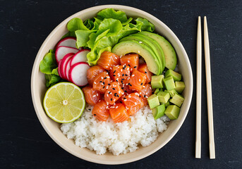 Overhead Shot of Fresh Salmon Poke Bowl with Avocado and Radish