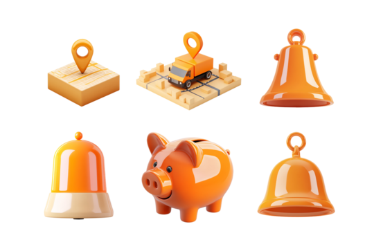 Colorful 3D icons showcasing delivery, finance, and notifications, ideal for modern digital applications.