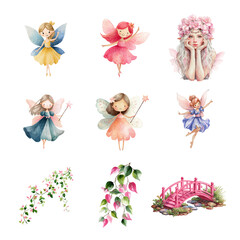 Charming watercolor fairies and floral elements, perfect for enchanting designs and fantasy themes.