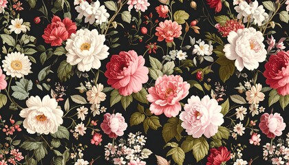 Floral pattern with various roses and blooms on a dark background