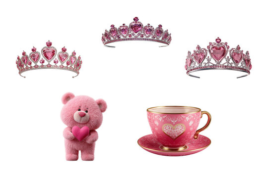 Charming collection of pink-themed items including crowns, a teddy bear, and a heart-adorned teacup, perfect for celebrations.