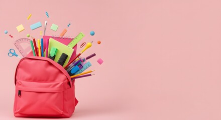 Pink backpack filled with school supplies floating against a pink background in a studio shot