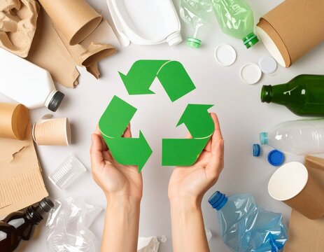 Hands holding green recycling symbol, surrounded by various plastic and paper waste, symbolizing environmental sustainability and crucial waste management - Powered by Adobe