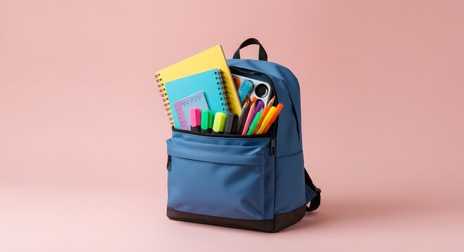 A blue backpack filled with school supplies against a light pink background in a studio setting