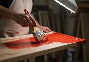 Close up of a skilled person's hand meticulously applying vibrant red paint to a wooden surface with a broad brush